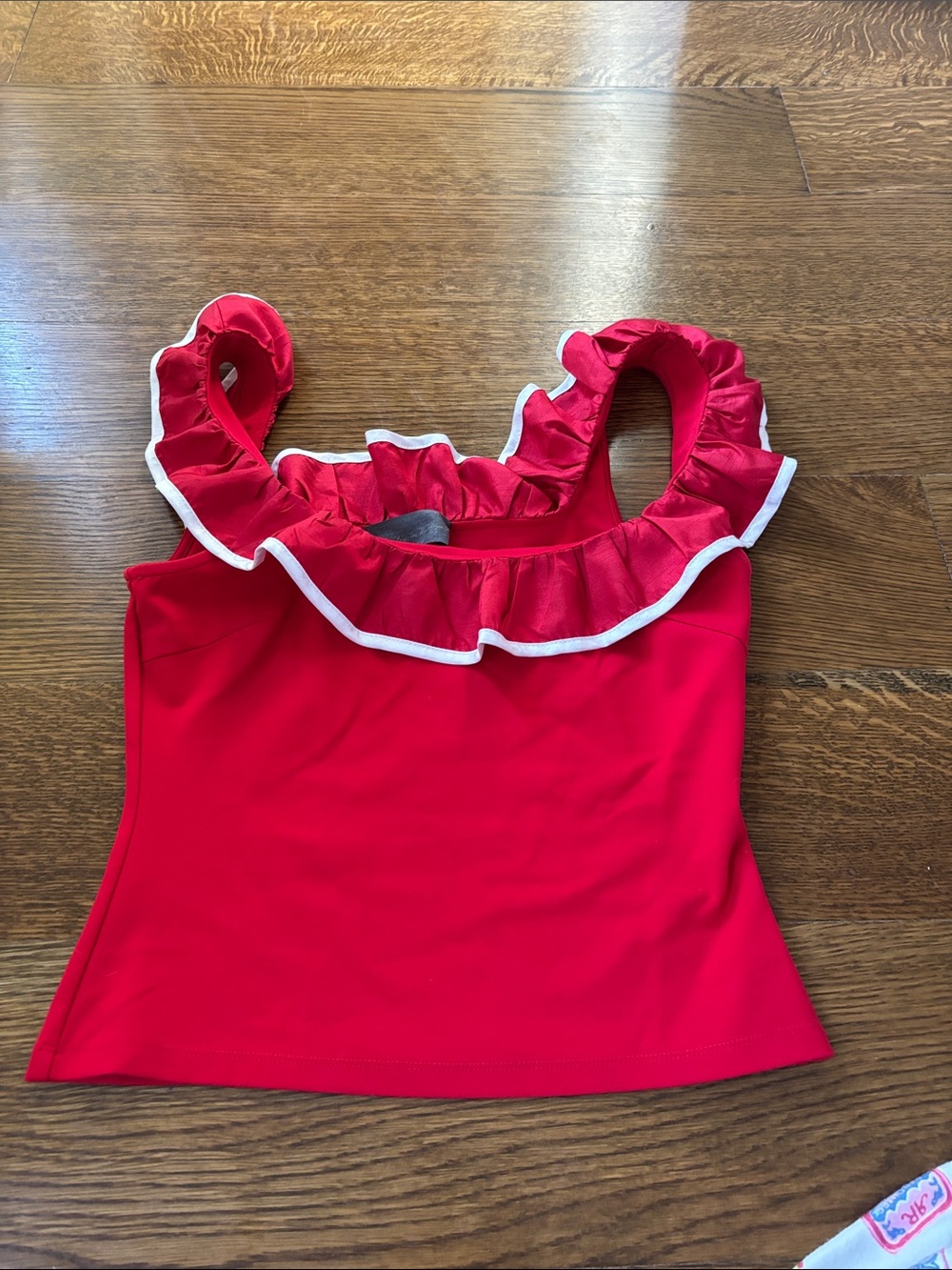 Anthropologie Red Ruffle-Trim Tank with White Piping